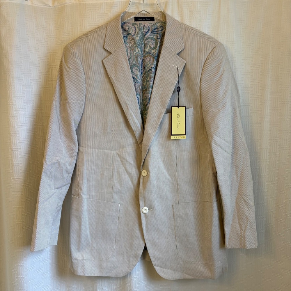 Alan Flusser Mens Seersucker Sport Coat Blazer Tan White Stripe Size Medium NWT